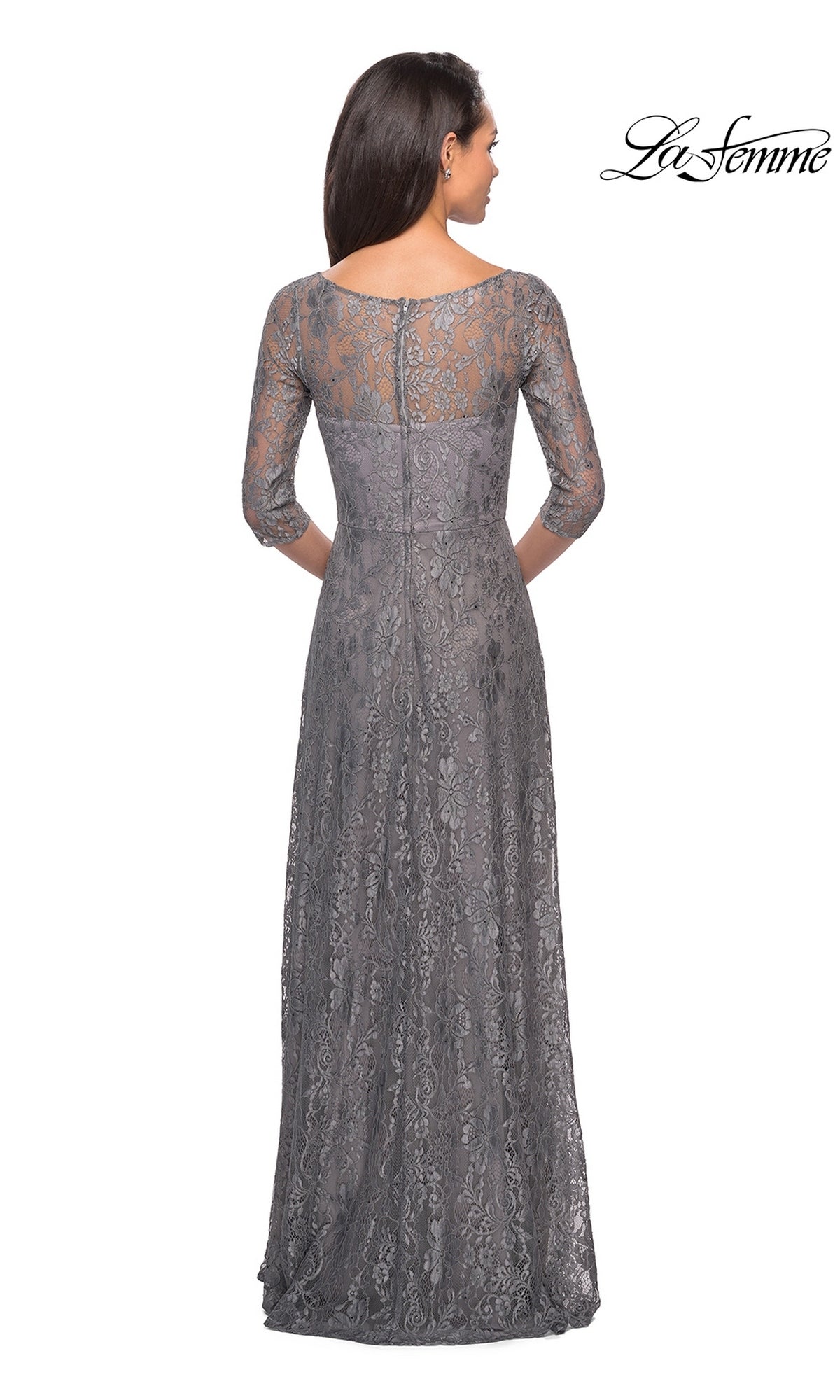 Back view of the Long Formal Dress: La Femme 27857, a floor-length gray A-line lace dress with three-quarter sleeves and a scoop neckline.